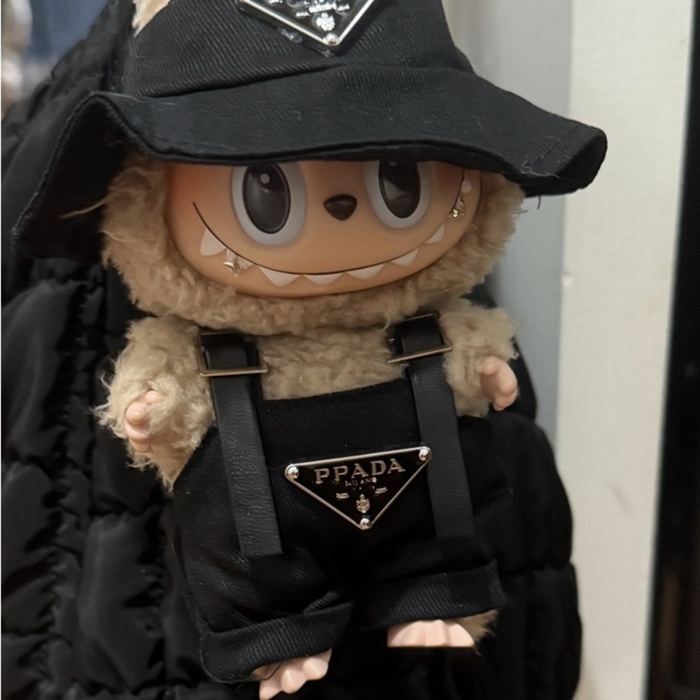 Black Bucket Hat and Overalls Set for Labubu